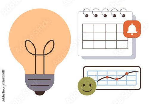Light bulb for creativity, calendar with reminder bell, and progress chart with happy face. Ideal for productivity, planning, time management, innovation, reminders, success tracking simple flat