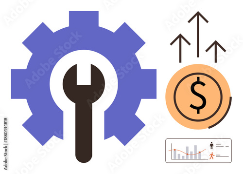 Gear with wrench, currency coin, upward arrows, and analytics representing financial growth, productivity, efficiency, development strategy, innovation, success measurement and performance analysis