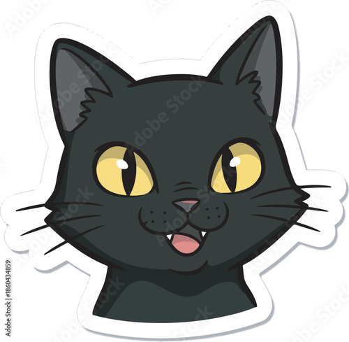A cartoon black cat with yellow eyes and pink tongue sticker on white background