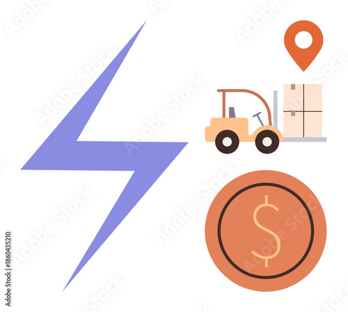 Lightning bolt symbolizes speed, forklift handles cargo, dollar coin suggests cost, location pin for navigation. Ideal for logistics, transportation, energy efficiency, supply chain, cost management