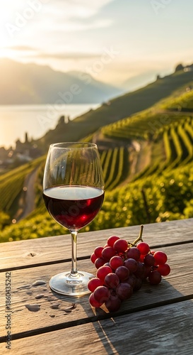 Wine Glass and Grapes on Wooden Table with Vineyard Background.