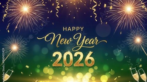 Elegant happy new year 2026 script on green and gold bokeh background