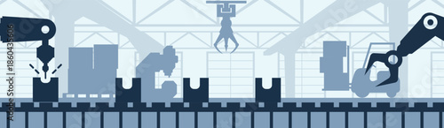 Industrial factory interior. Industry 4.0 assembly line, conveyor belt with robotic arms and machinery vector background illustration. EPS 10.