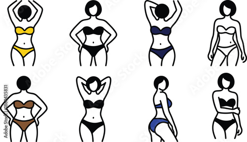 Female body diversity illustration showing different body shapes and confident poses promoting body positivity wellness fashion fitness inclusivity