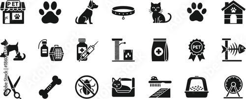 Pet Care and Veterinary Icon Set with Animals, Accessories and Medical Symbols Isolated Vector