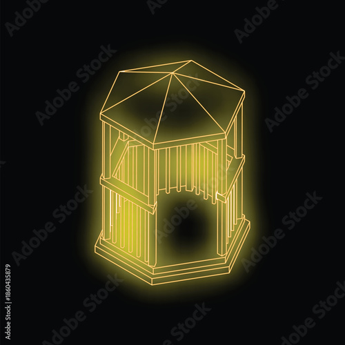 Glowing yellow wireframe rendering of a hexagonal gazebo is set against a black background
