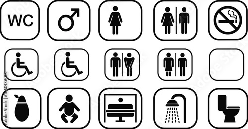 Public Service Icons Set: Restroom, Accessibility, and Facility Navigation Vector Symbols