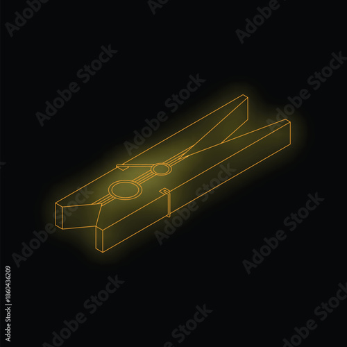 Gold clothes peg shining in the dark, isometric view, concept of laundry and housework
