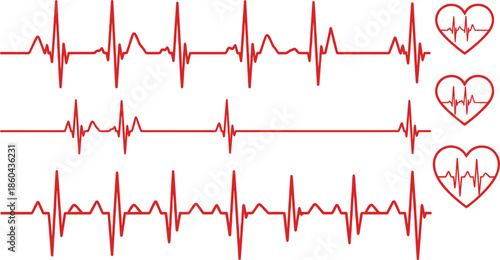 Red ECG Heartbeat Lines with Heart Symbols Isolated Medical Vector
