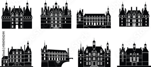Historic European castle silhouettes collection, classic architecture landmarks illustration, medieval palace buildings, black vector design set isolated on white