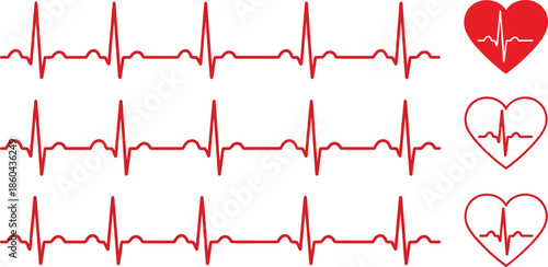 Red Heartbeat ECG Line Pattern with Heart Icons Isolated Vector