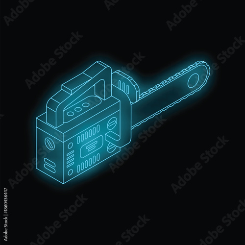 Neon chainsaw glowing on dark background, concept for horror, halloween, lumberjack or construction