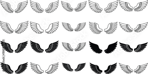 Angel Wings Outline and Silhouette Vector Set with Symmetrical Feather Designs