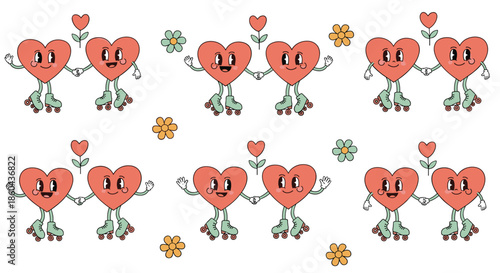 A cute repeating pattern of retro cartoon heart characters holding hands while roller skating among simple flowers.