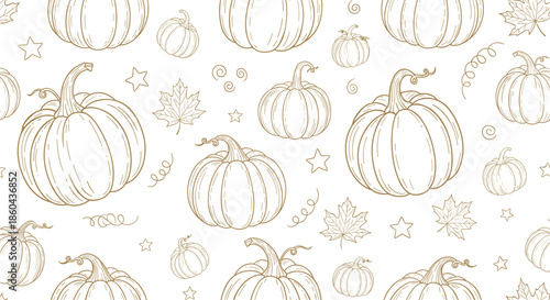 Autumn Pumpkin Pattern Vector with Hand Drawn Golden Line Art, Maple Leaves, and Stars
