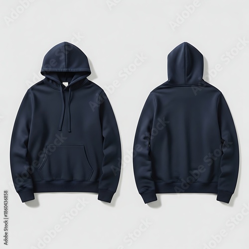 Navy Blue Hoodie Front and Back View Isolated.