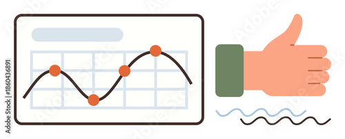 Data chart with rising trendline and marked points beside a thumbs-up gesture. Ideal for success, progress, approval, analytics, growth, business, and achievement. Clean simple flat metaphor