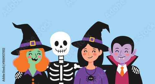 A friendly group of four Halloween characters, including two witches, a skeleton, and a vampire, standing together happily.