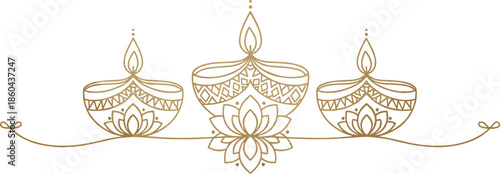 Happy Diwali Decorative Vector with Golden Oil Lamps Diya and Lotus Flower Ornaments