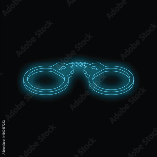 Neon blue outline of handcuffs is glowing on black background