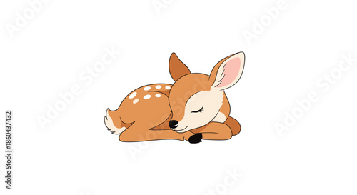 A peaceful and adorable illustration of a cute baby deer or fawn sleeping soundly, isolated on a clean white background.