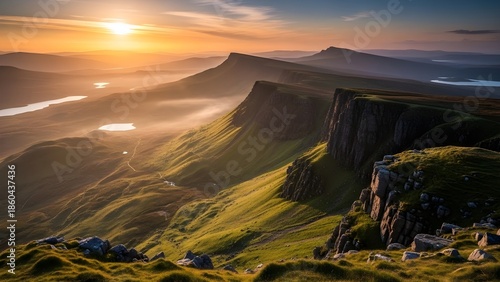 Golden Sunset Over Misty Lakes and Rolling Hills with Cinematic Landscape