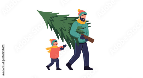 A heartwarming winter illustration of a father and son in warm clothes happily carrying a freshly cut Christmas tree together.