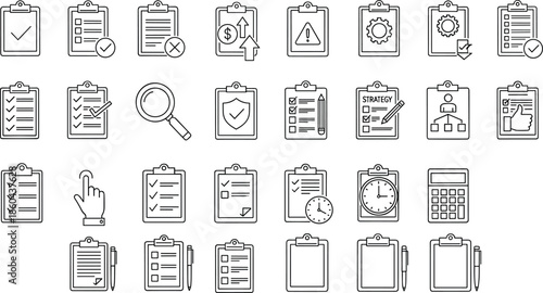 Professional set of project management line icons featuring clipboards with checklists strategy planning business analysis financial reports and time tracking symbols