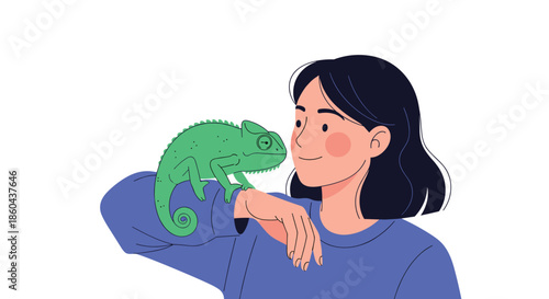 A charming illustration of a smiling woman with a cute green chameleon perched on her shoulder, showing a human-animal friendship.