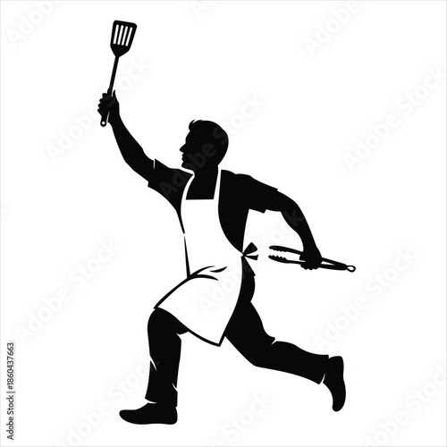 Silhouette of a running male chef wearing an apron holding a spatula and tongs for outdoor barbecue cooking.