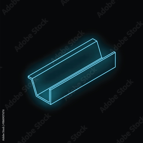 Glowing blue neon illustration of a rain gutter on black background
