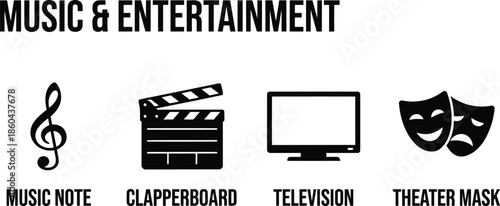 Comprehensive Music, Film, TV & Theater Entertainment Icons - Vector Set for Media, Arts & Production