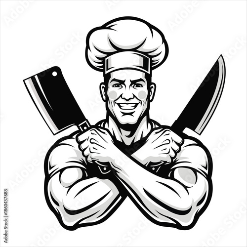 Muscular male chef wearing a toque smiling and crossing arms while holding a meat cleaver and kitchen knife.