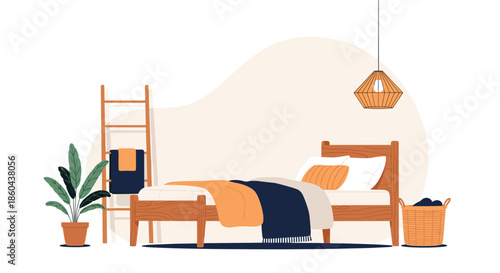 A cozy and modern bedroom interior scene with a wooden bed, a plant, and a ladder in a warm, inviting hygge style.