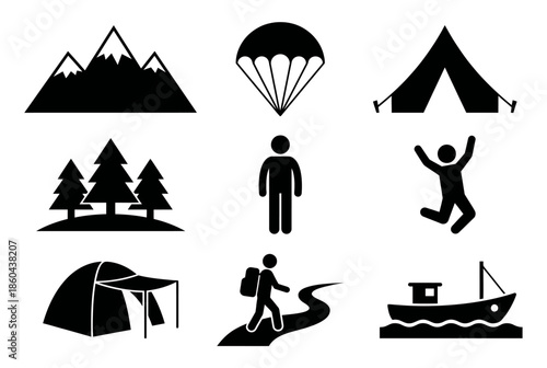 Outdoor adventure icons isolated on white background, Vector, illustration