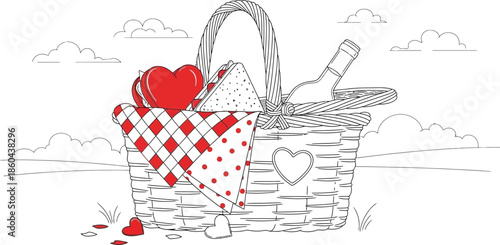 Romantic picnic basket coloring page featuring hearts wine and checkered blanket outlines against a landscape