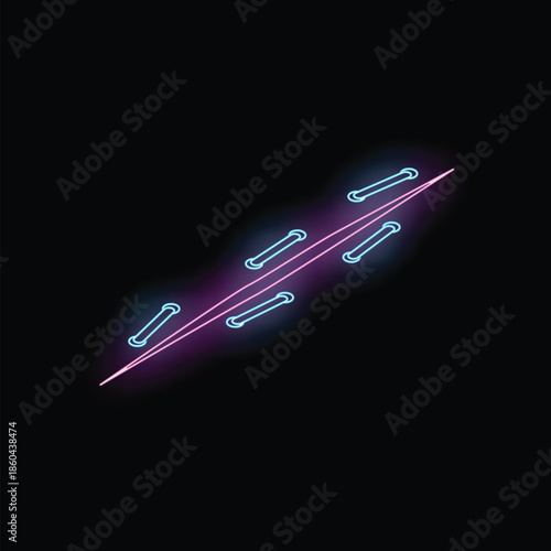 Blue and pink neon sign showing a surgical suture on black background, concept of surgery