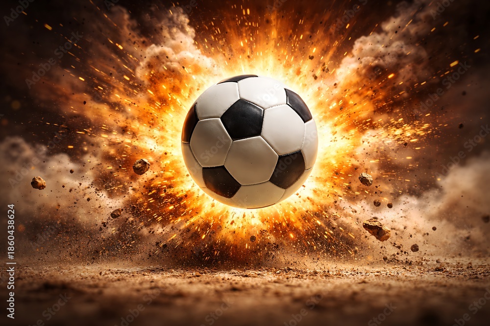 Naklejka premium Dramatic image of a soccer ball exploding with intense fire and debris, symbolizing power and impact.