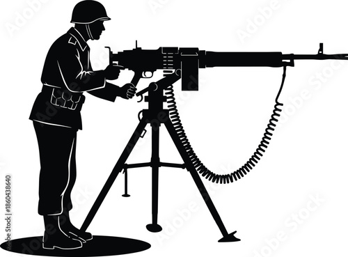 Silhouette of soldier operating mounted machine gun with helmet and uniform, military combat concept, defense, war history, and armed forces illustration