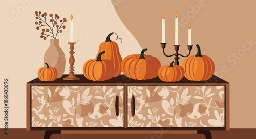 A cozy autumn still life scene with a collection of pumpkins and candles arranged on a stylishly decorated sideboard.
