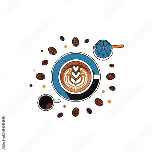 coffee cup with latte art and beans.