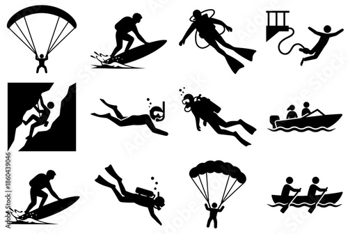 Various adventure sports silhouettes isolated on white background, Vector, illustration