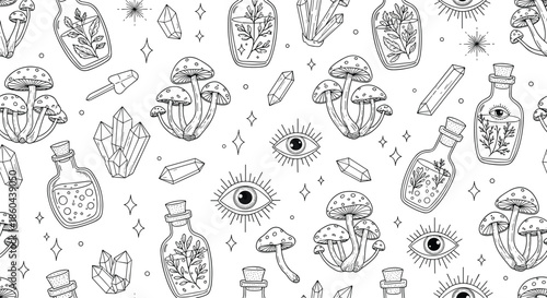 A seamless black and white pattern of mystical and witchy elements like mushrooms, potions, crystals, and all-seeing eyes.