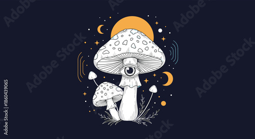 A mystical and psychedelic illustration of a magical mushroom with an all-seeing eye, set against a dark celestial background.