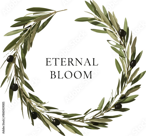 Elegant olive branch wreath frame with black olives and soft natural light on a cream background