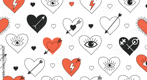 A trendy and seamless pattern of hand-drawn doodle hearts with arrows, eyes, and lightning bolts in a tattoo style.