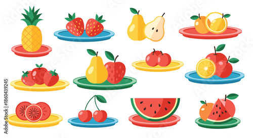 A colorful flat design set of various fresh fruits arranged on plates, including pineapple, strawberry, apple, and watermelon.