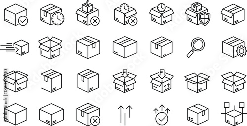 Complete set of logistics and shipping line icons featuring cardboard boxes package delivery tracking inventory management warehouse storage and distribution symbols