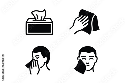 Simple black and white icons depicting tissue box hand wiping sneezing and face covering