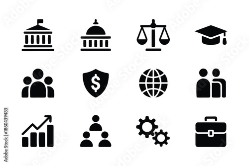 A collection of black glyph icons representing law government finance and business concepts